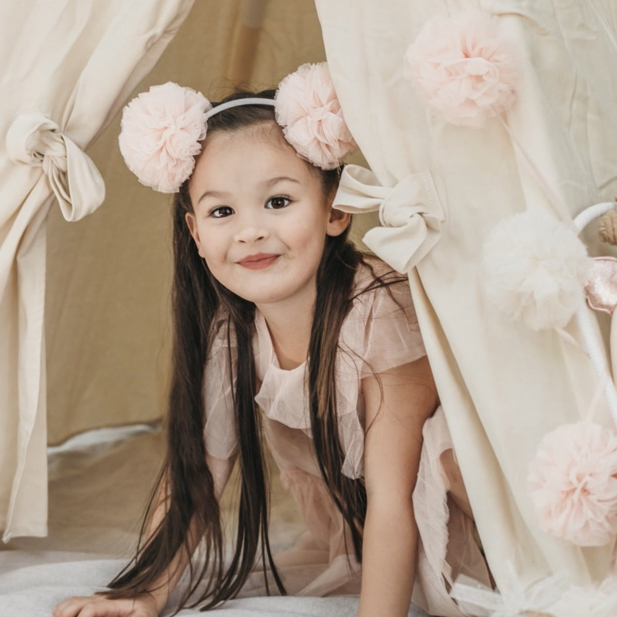 Pom-Pom Headband. Pink. Cream.