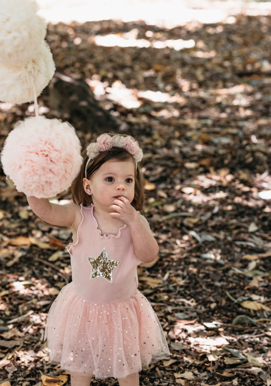 Pink Tulle Star Romper with skirt. Pale pink