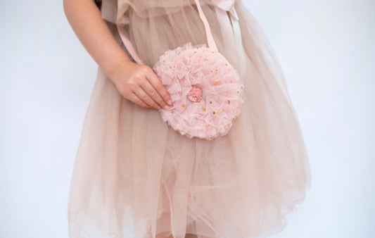 Tulle Ruffle shoulder bag. Pink with gold sparkles