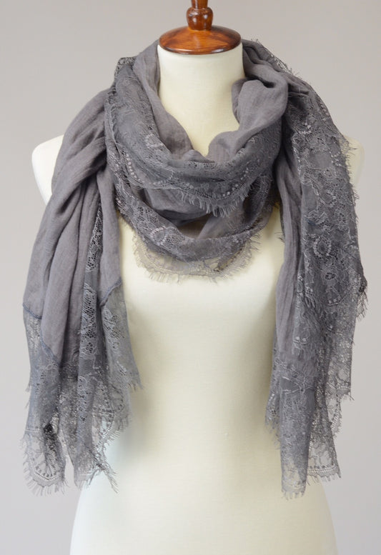 cotton and lace scarf. Charcoal