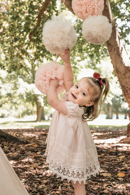 Tulle Pom Pom Garland Bunting 9 balls., Pink and Cream