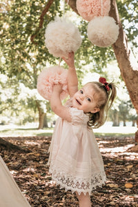 Tulle Pom Pom Garland Bunting 9 balls., Tea Rose & Vanilla Cream.
