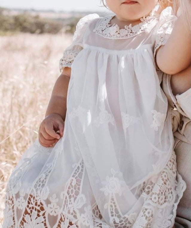 Heirloom Cherub Lace baby dress . Blush & cream