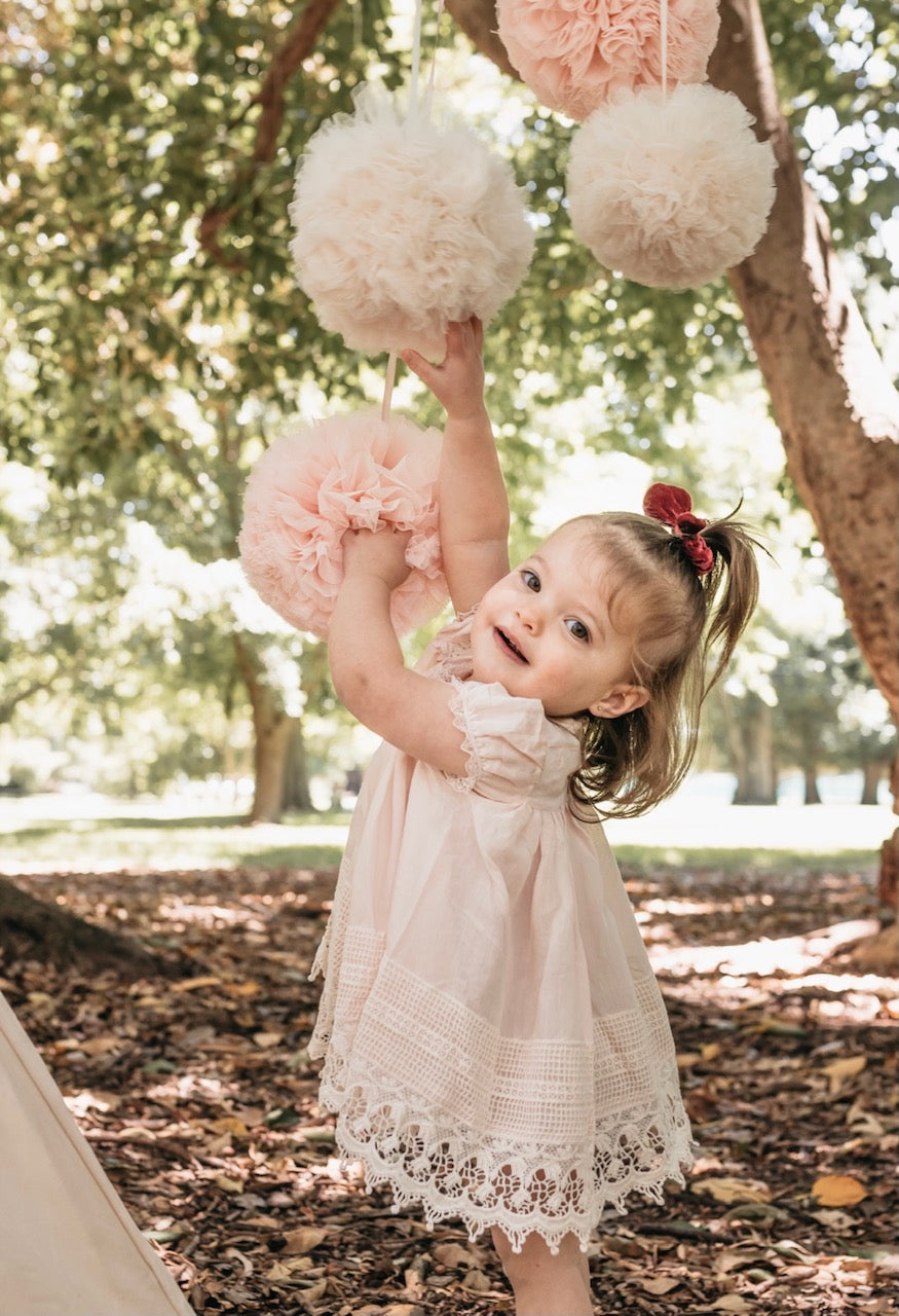 Hanging Tulle Pom Pom. Pink and cream.