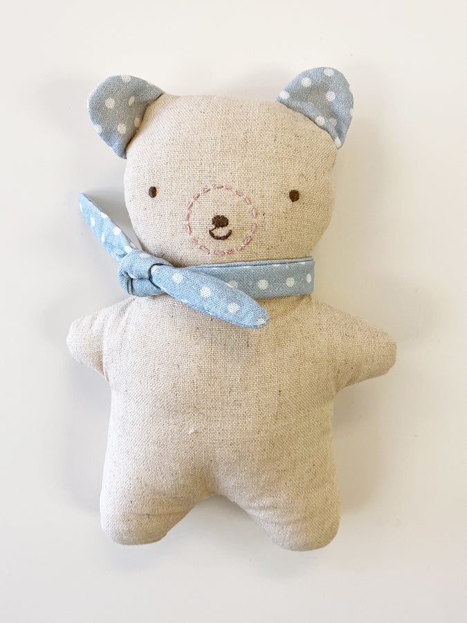 Freddie Bear toy. Blue Polka dot.