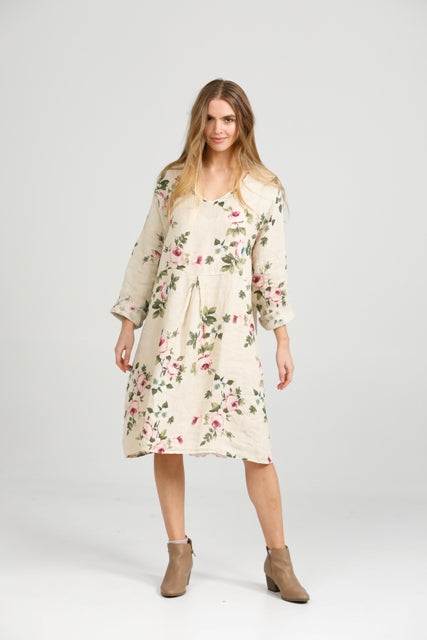 Amelia Floral Linen dress. Antique Cream