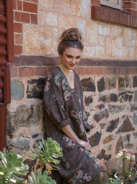 Amelia floral linen dress. charcoal