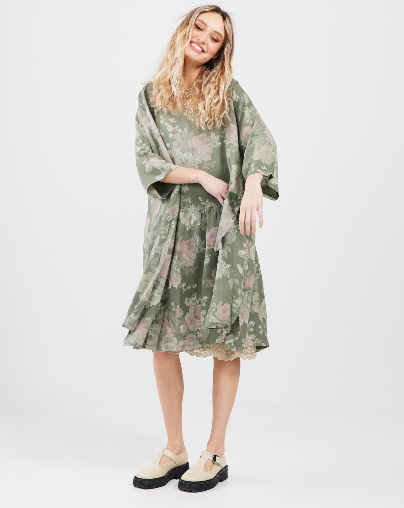 Clarissa Linen dress. Olive Floral