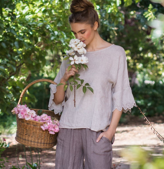 Ellie lace ruffled sleeve top.  Beige