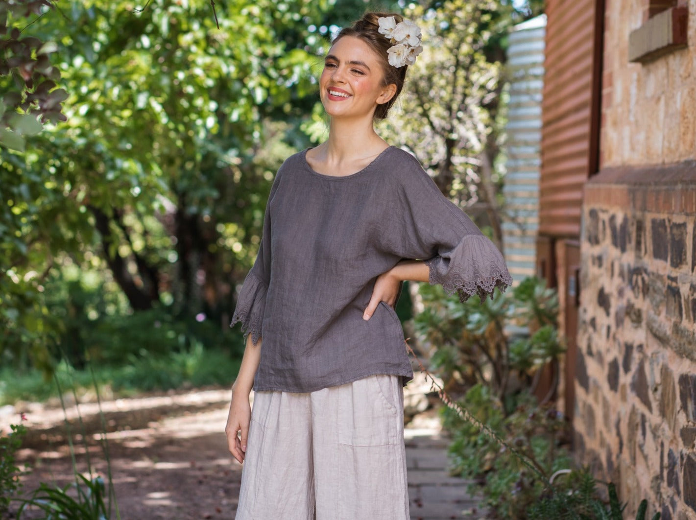 Ellie Lace ruffled Linen top. Charcoal