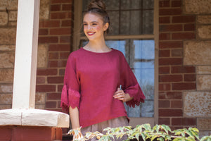 Ellie Lace ruffled sleeve top.  Berry