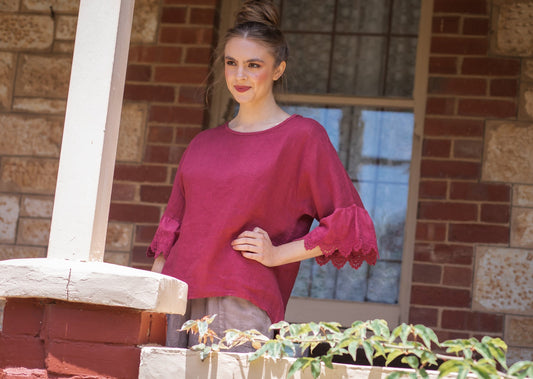 Ellie Lace ruffled sleeve top.  Berry