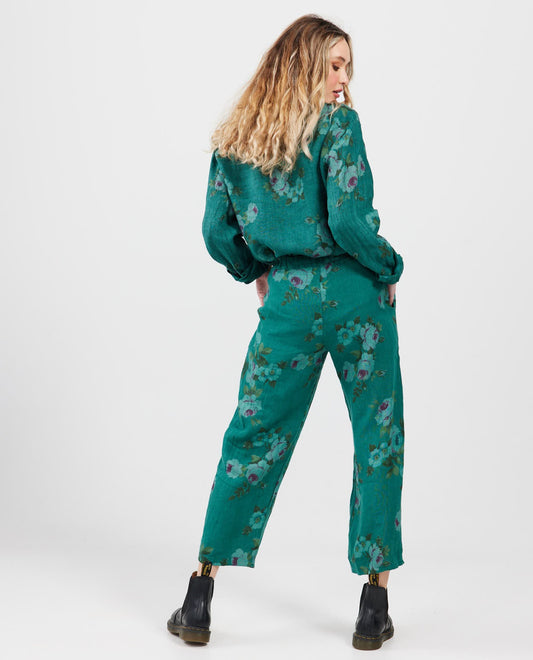 Eva Linen Floral pants. Peacock