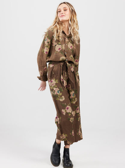 Eva floral linen pants. Chocolate