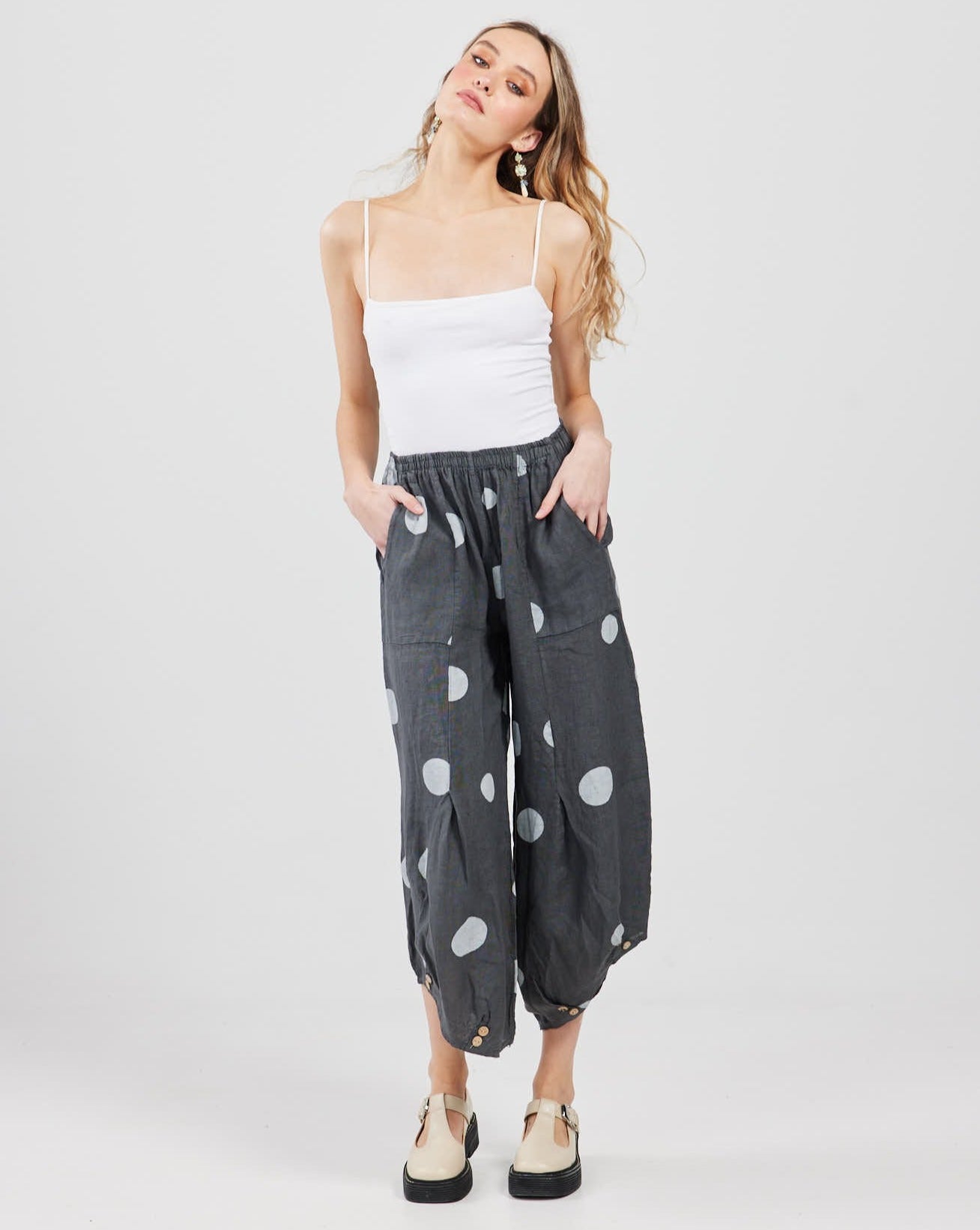 Lulu linen pants. Polka dot charcoal.