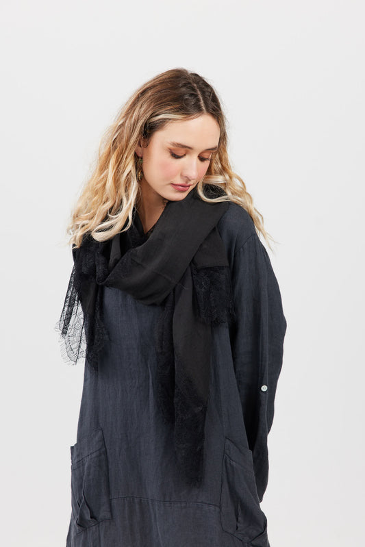 Lace edged scarf. Charcoal & Black