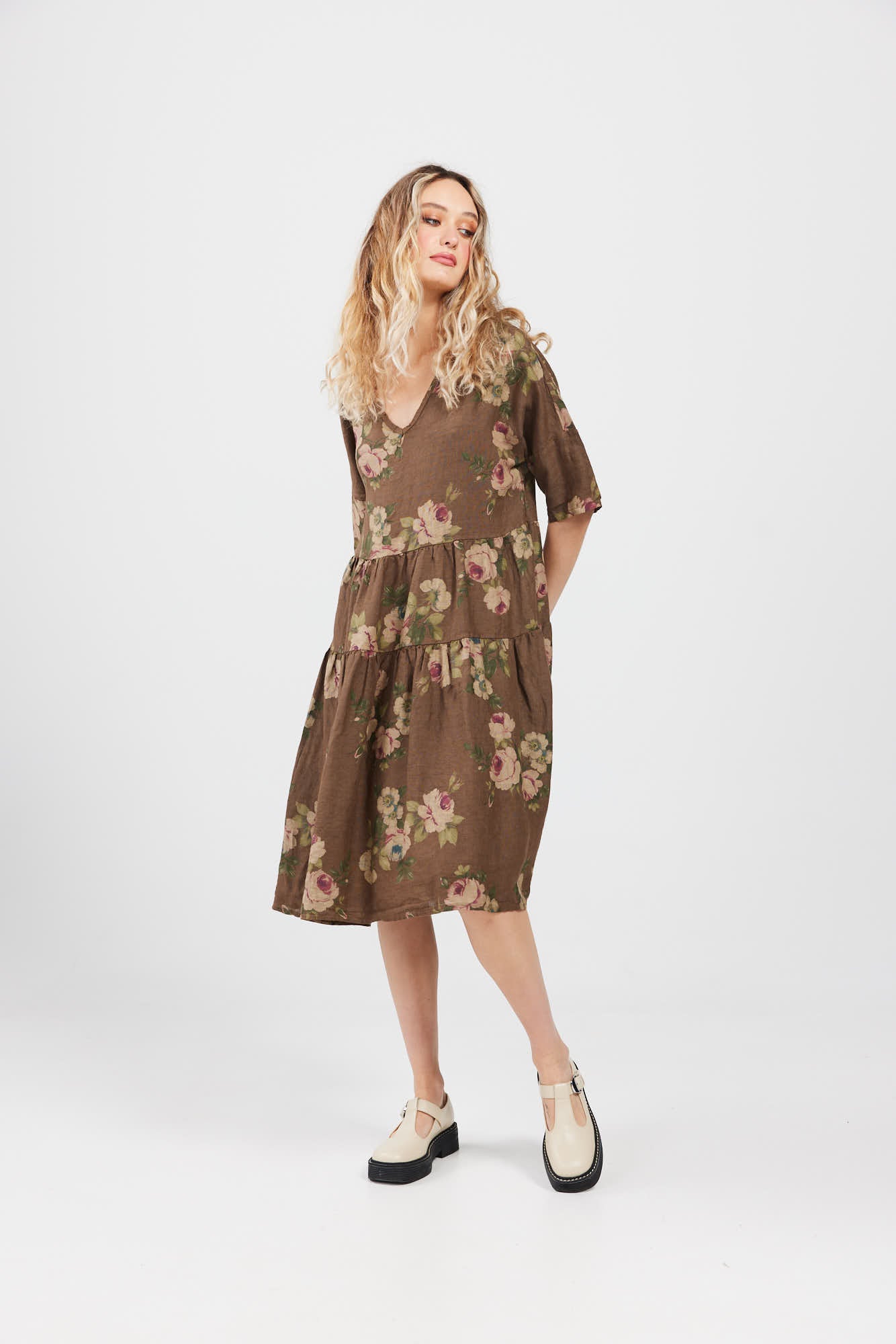 Stella linen Floral dress. Chocolate