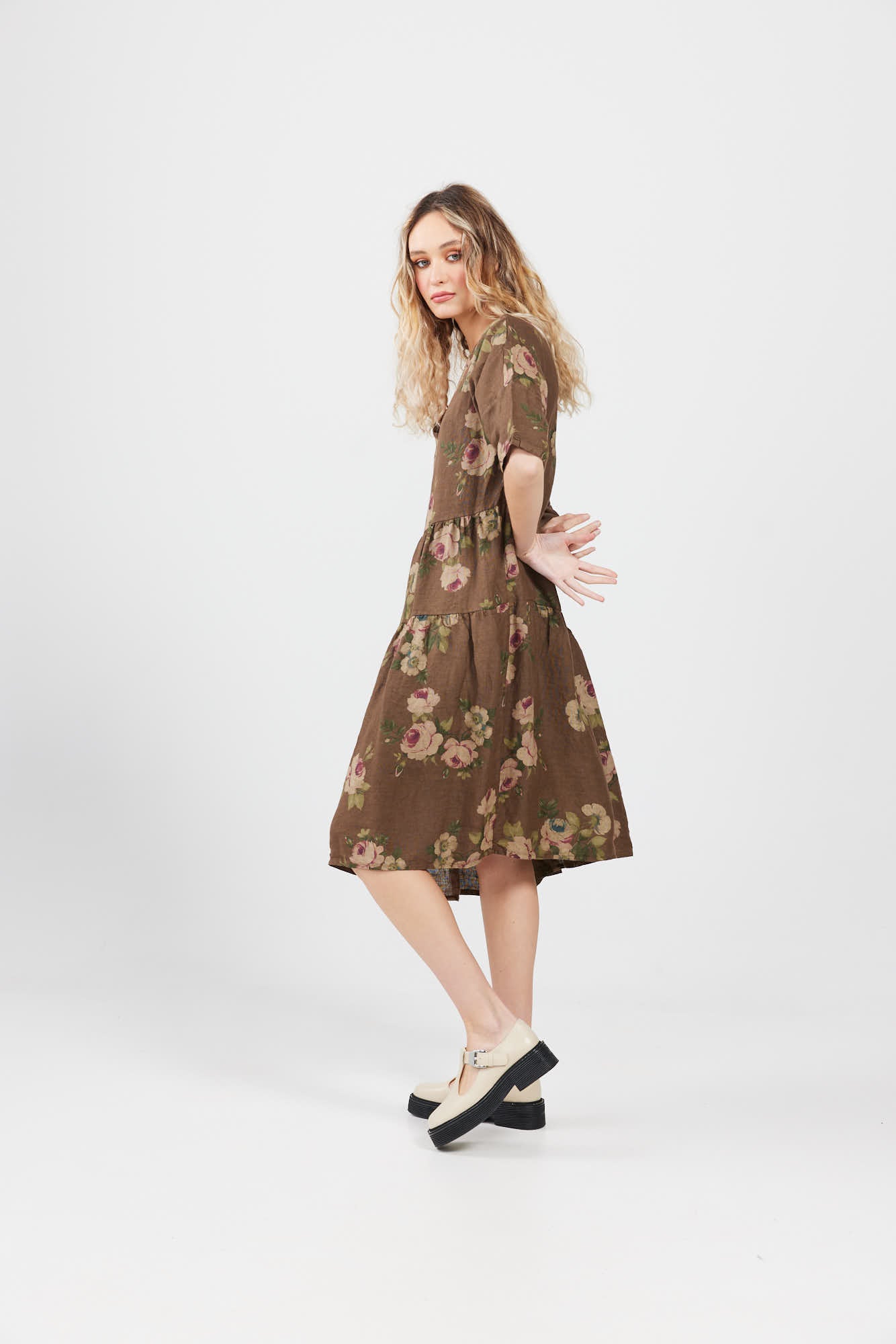 Stella linen Floral dress. Chocolate