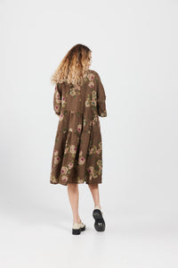 Stella Floral linen dress. Dark Chocolate Rose