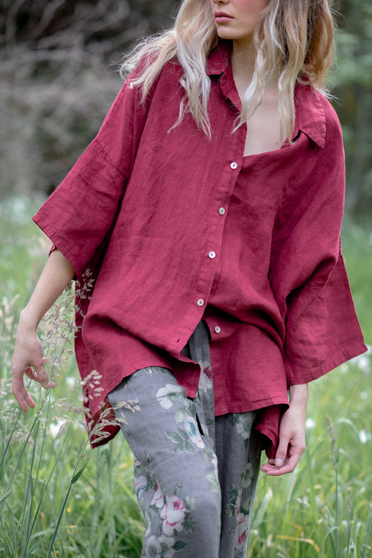 Teddie Linen Shirt. Berry