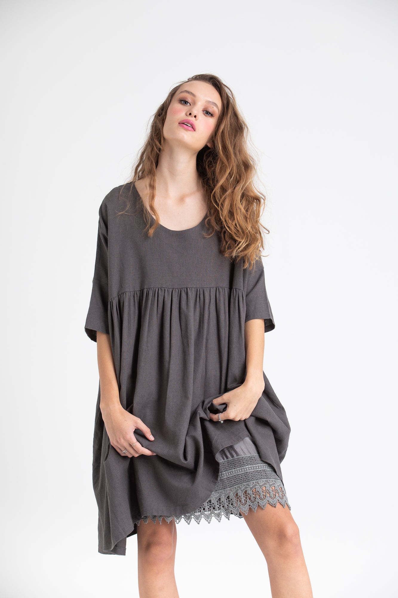 Provence cotton smock dress. Charcoal