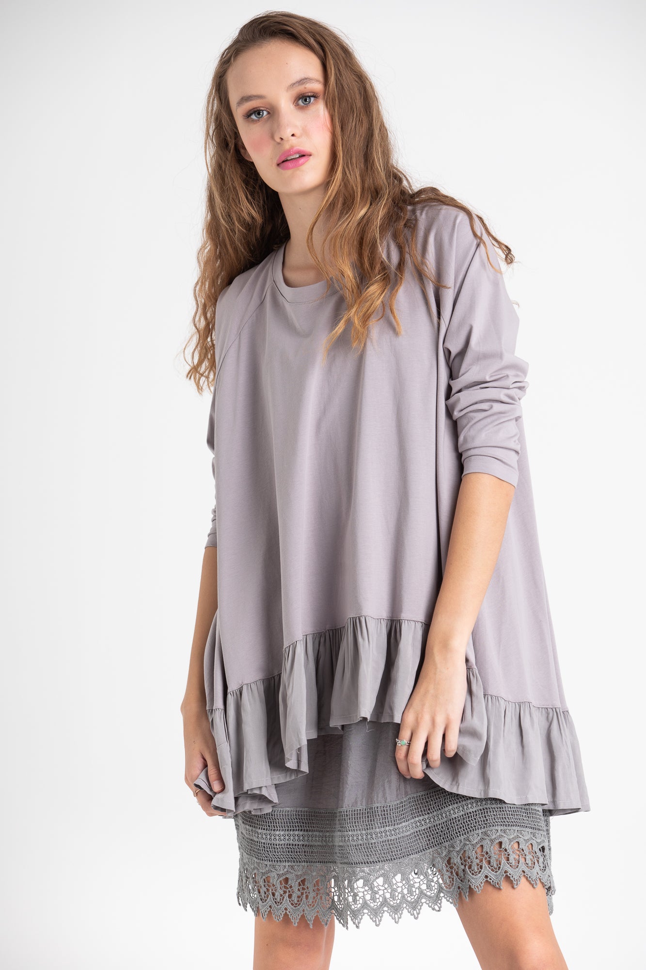 Ruby Ruffle Top. Pale Dove Grey