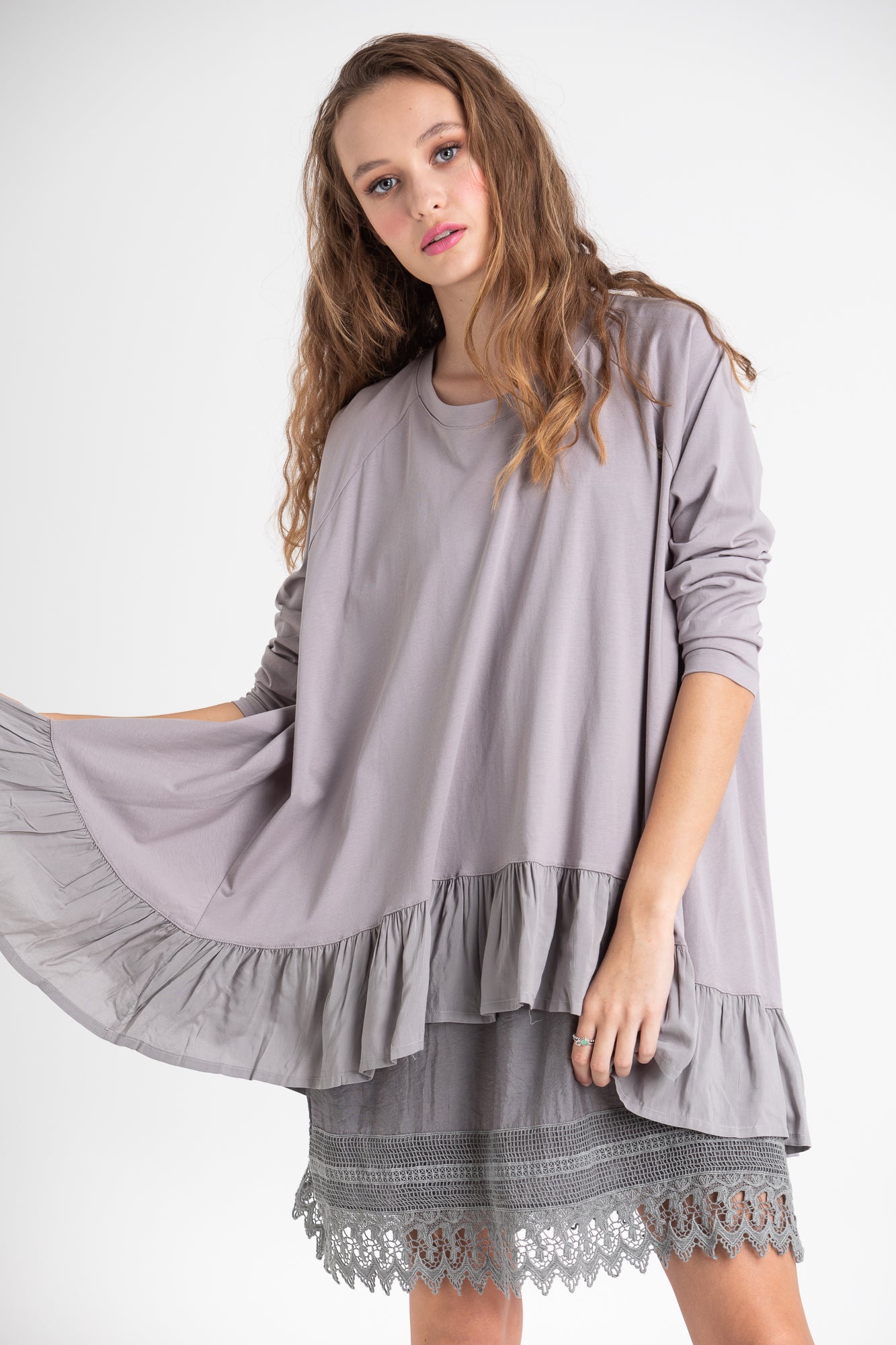 Ruby Ruffle Top. Pale Dove Grey