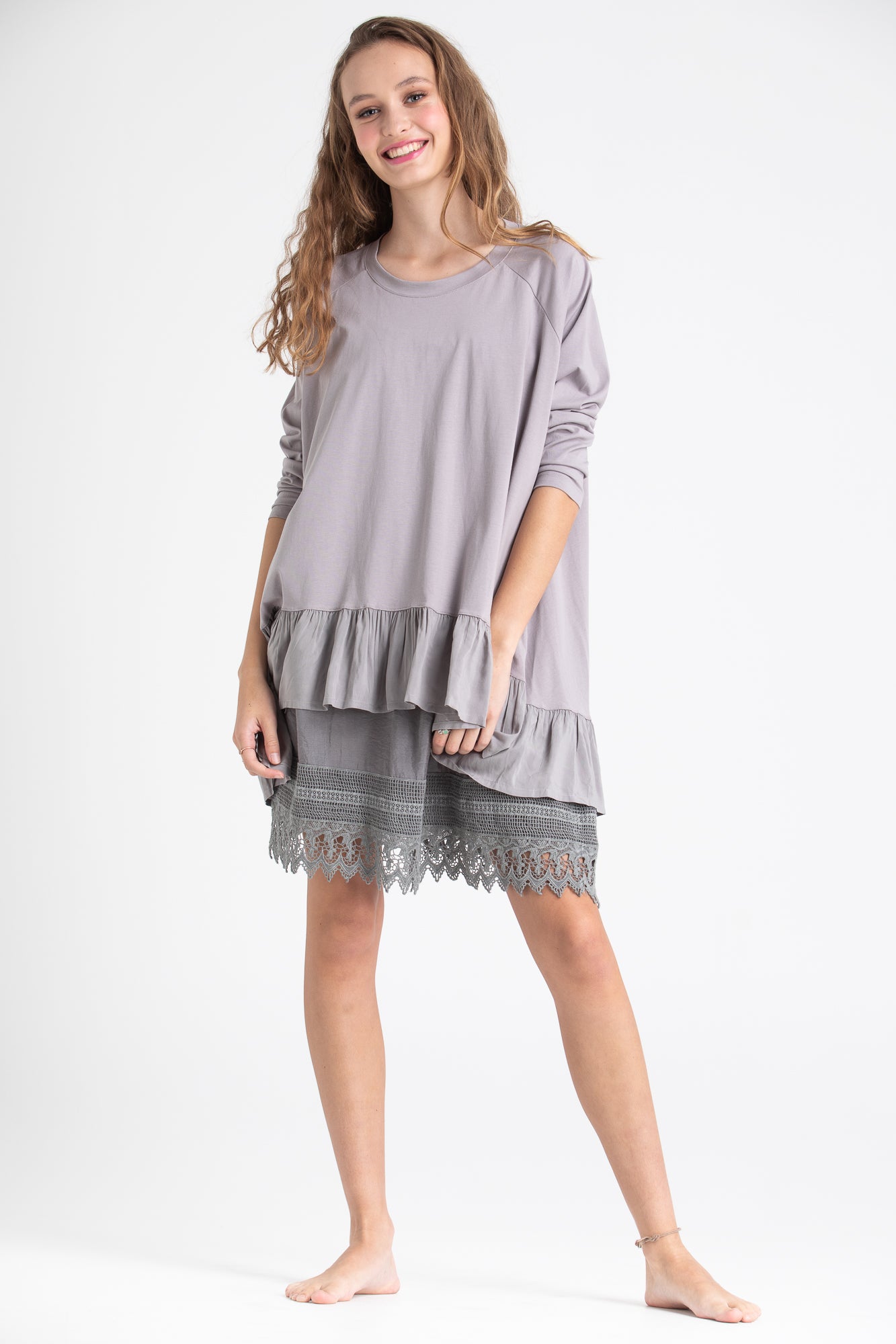 Ruby Ruffle Top. Pale Dove Grey