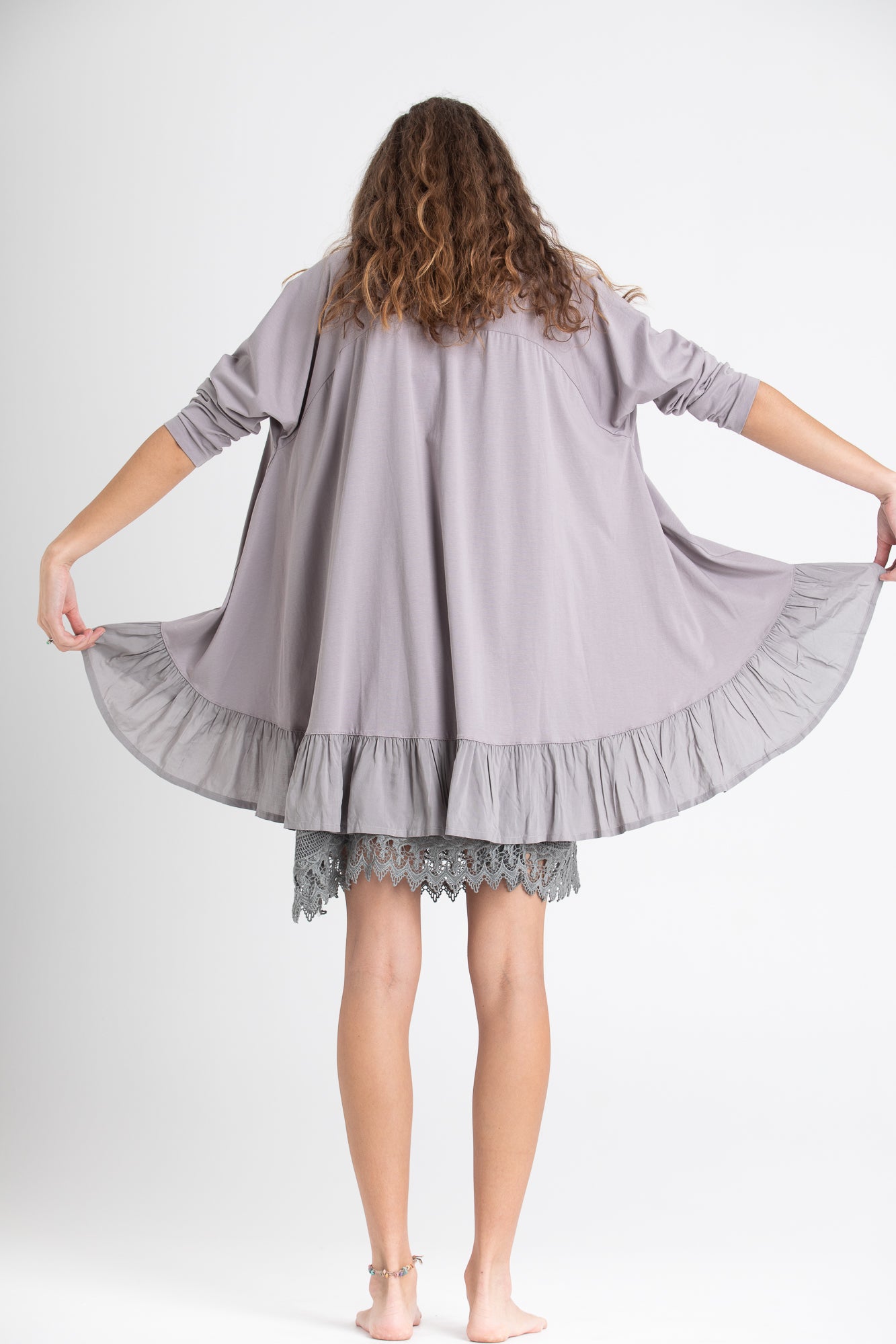 Ruby Ruffle Top. Pale Dove Grey