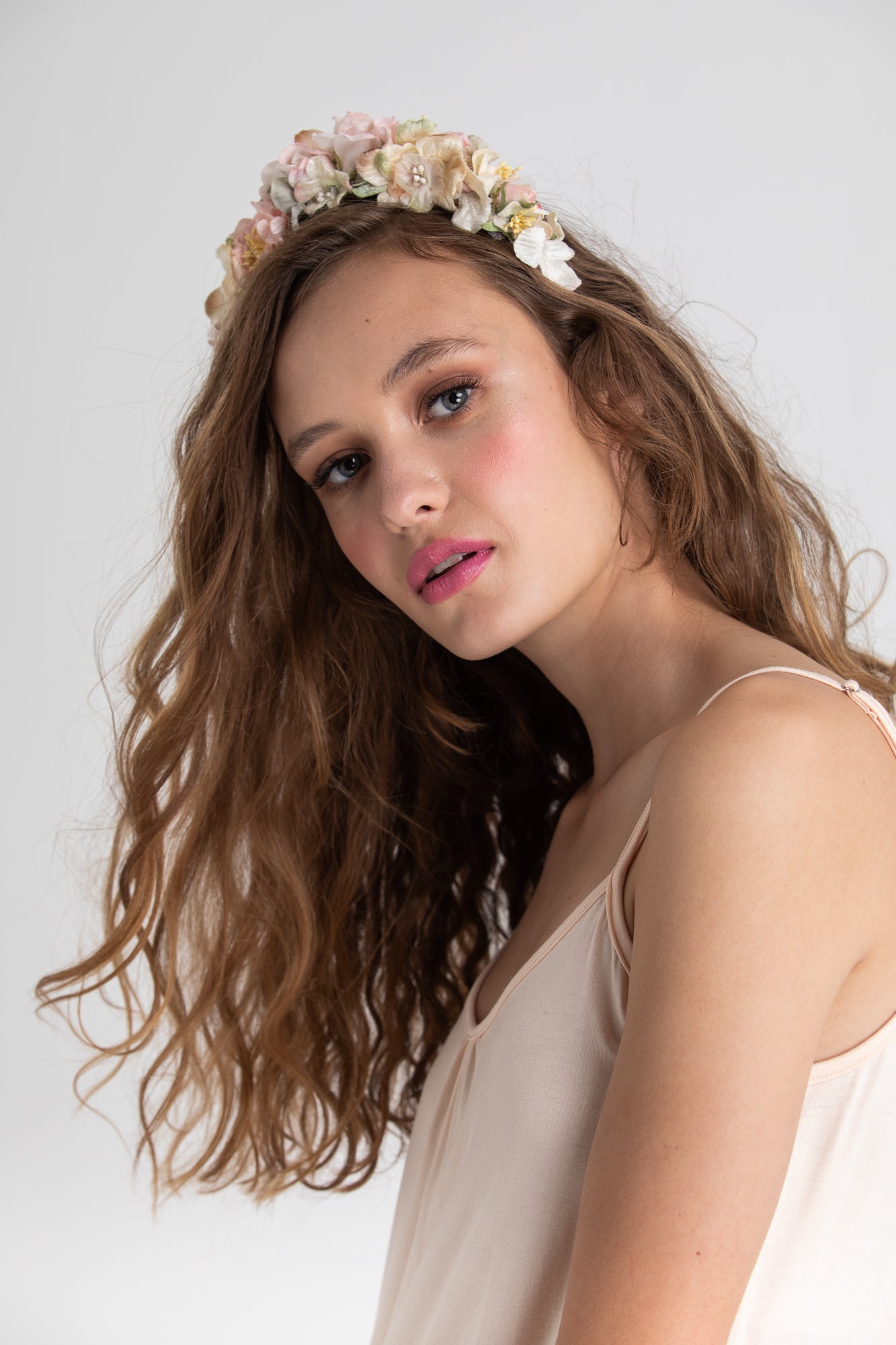 Sabrina velvet flower crown in pastel pink and cream