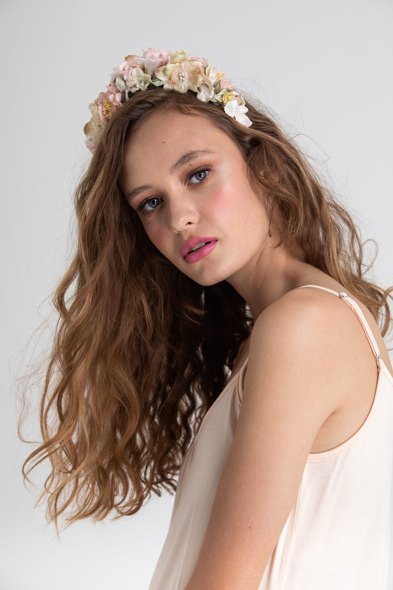 Sabrina velvet flower crown in pastel pink and cream