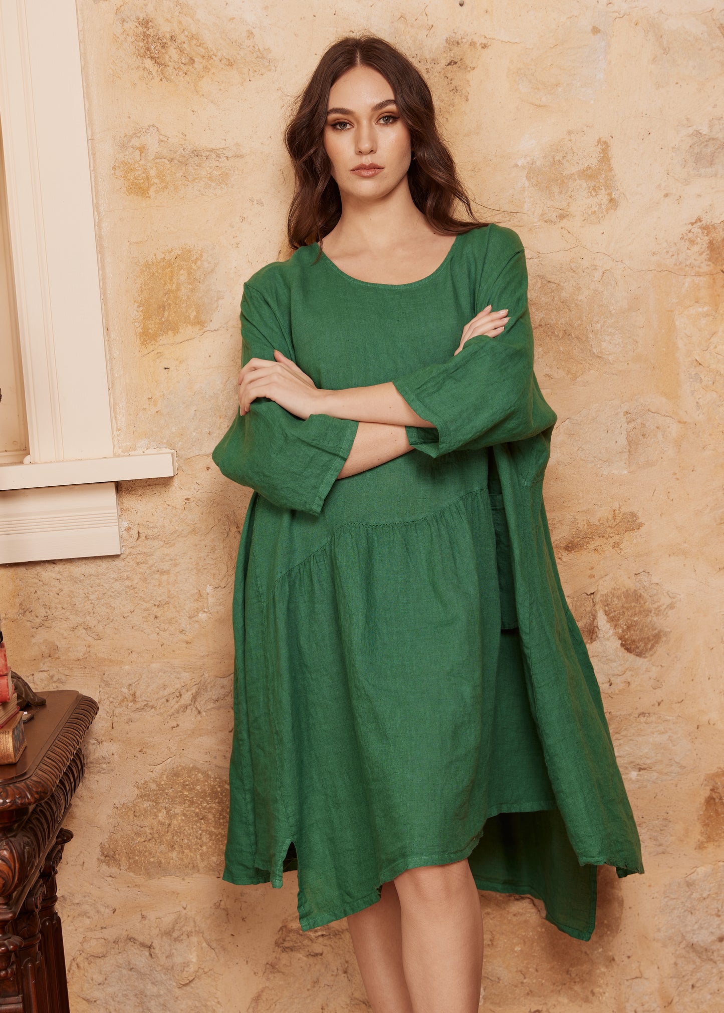 Clarissa Linen dress. Emerald