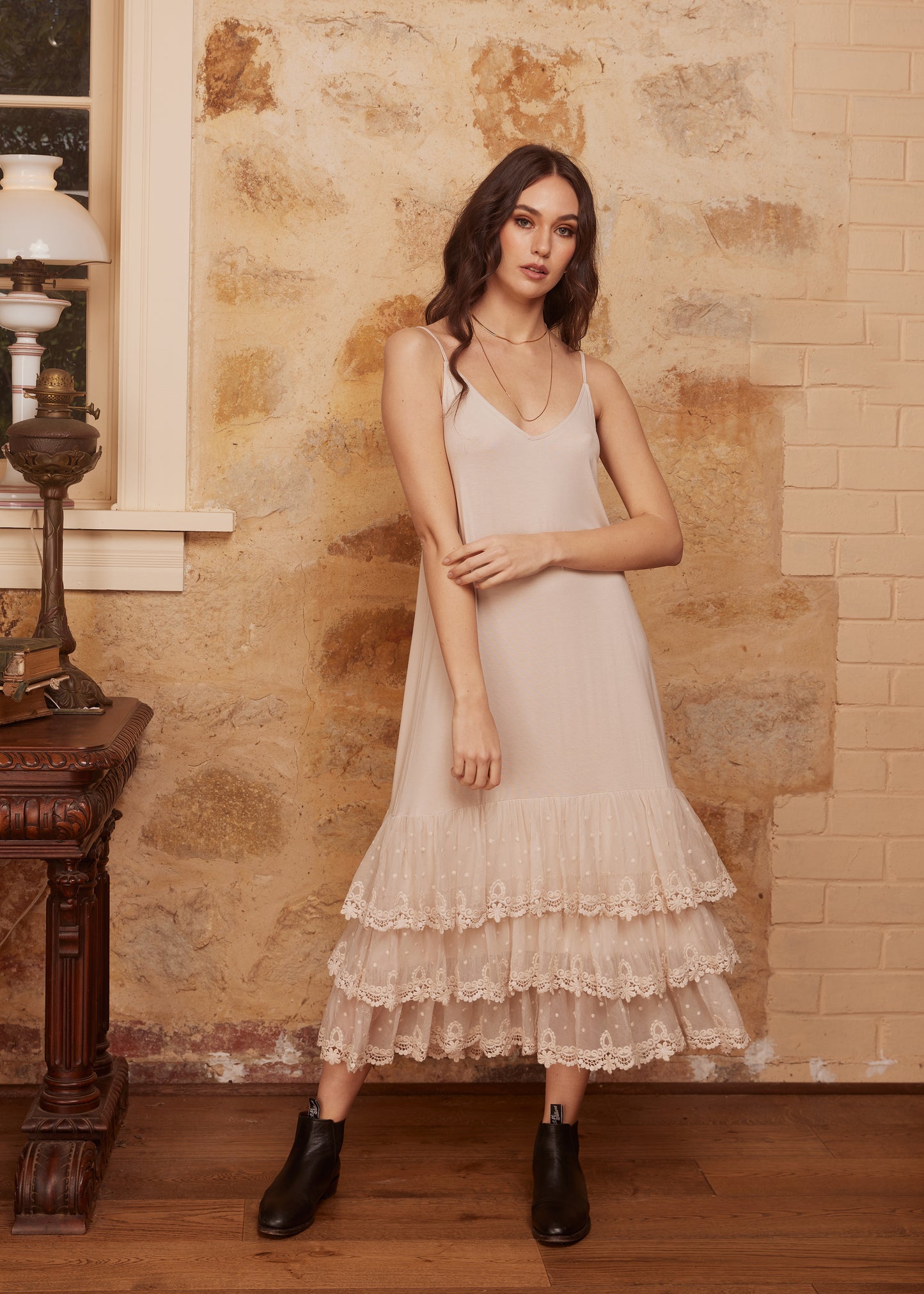 Evangeline lace slip/dress. Stone