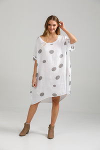 Rosabella linen polka dot dress. white and grey