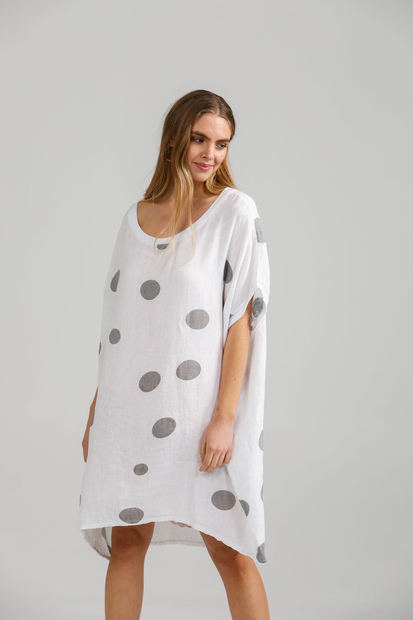Rosabella linen polka dot dress. white and grey