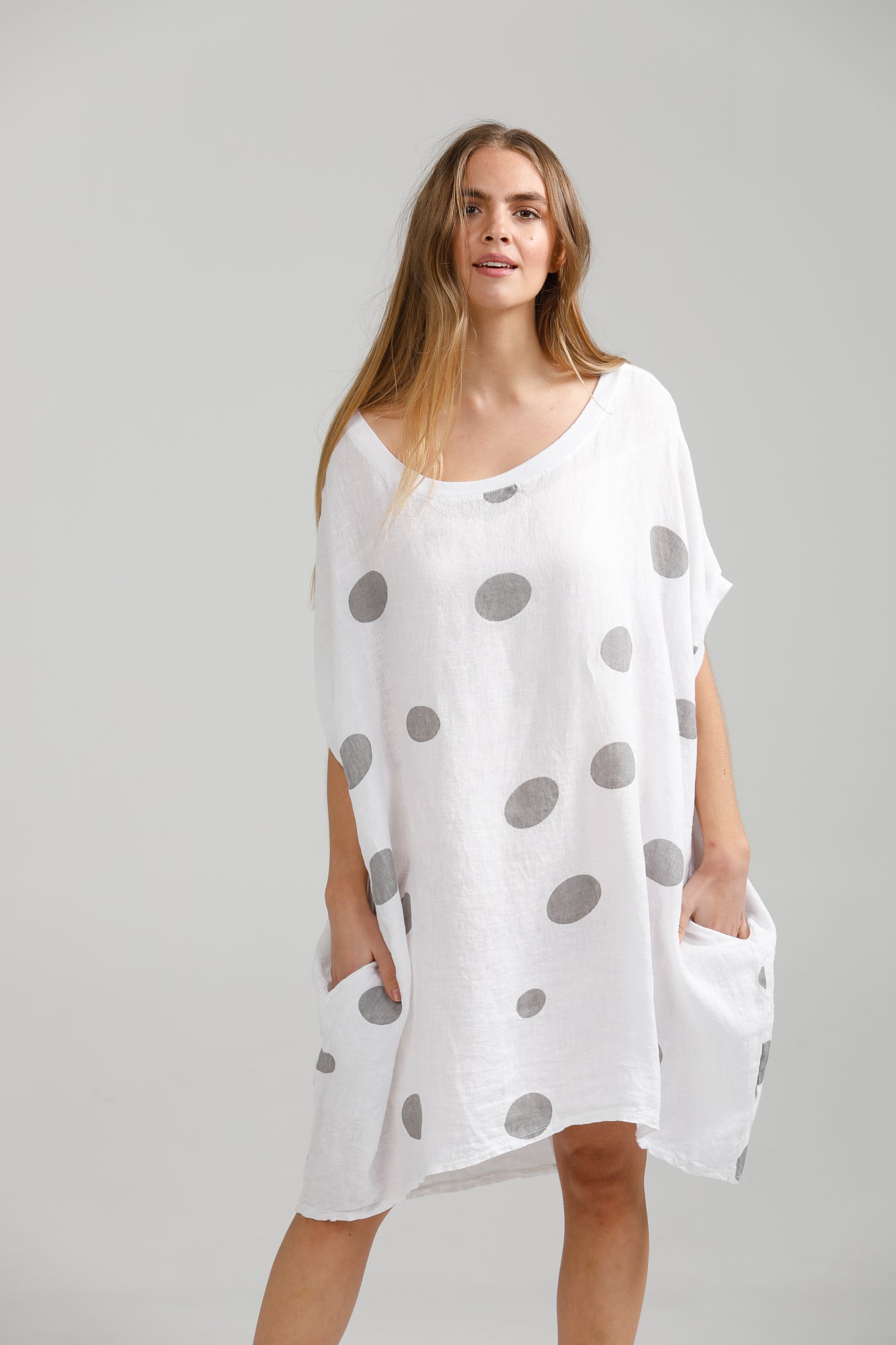 Rosabella linen polka dot dress. white and grey