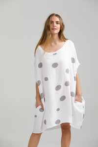 Rosabella linen polka dot dress. white and grey