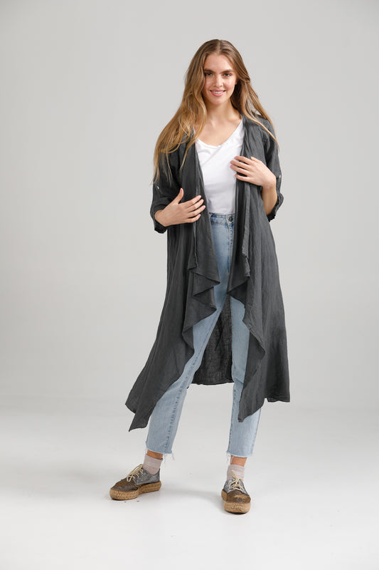 Sabine Linen  Duster Coat. Charcoal.