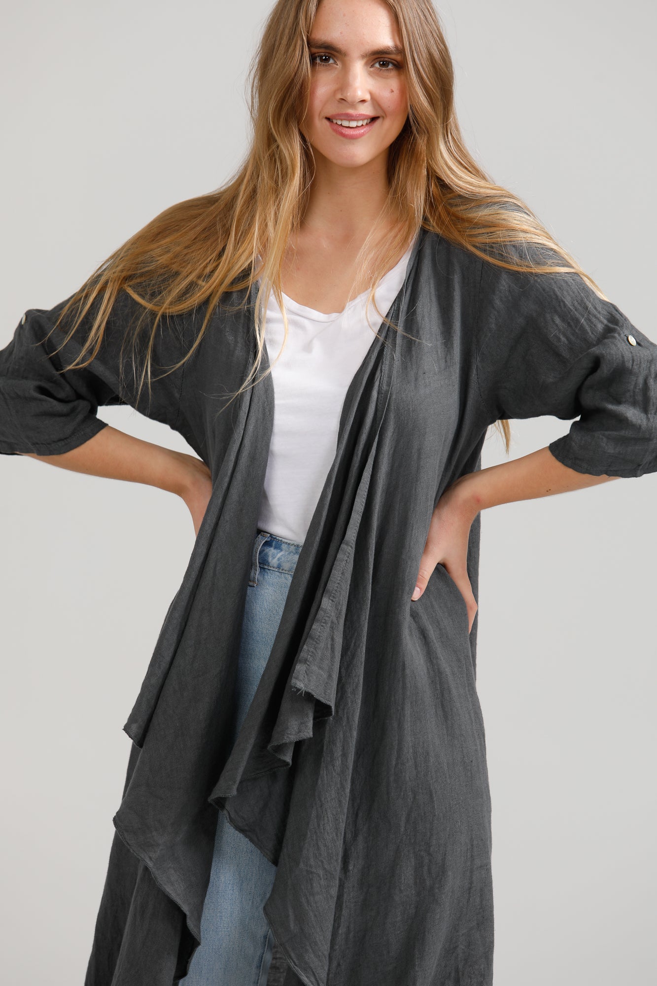 Sabine Linen  Duster Coat. Charcoal.