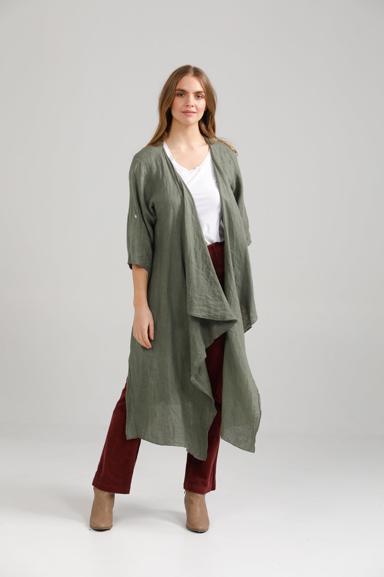 Sabine Linen Duster Coat. Khaki
