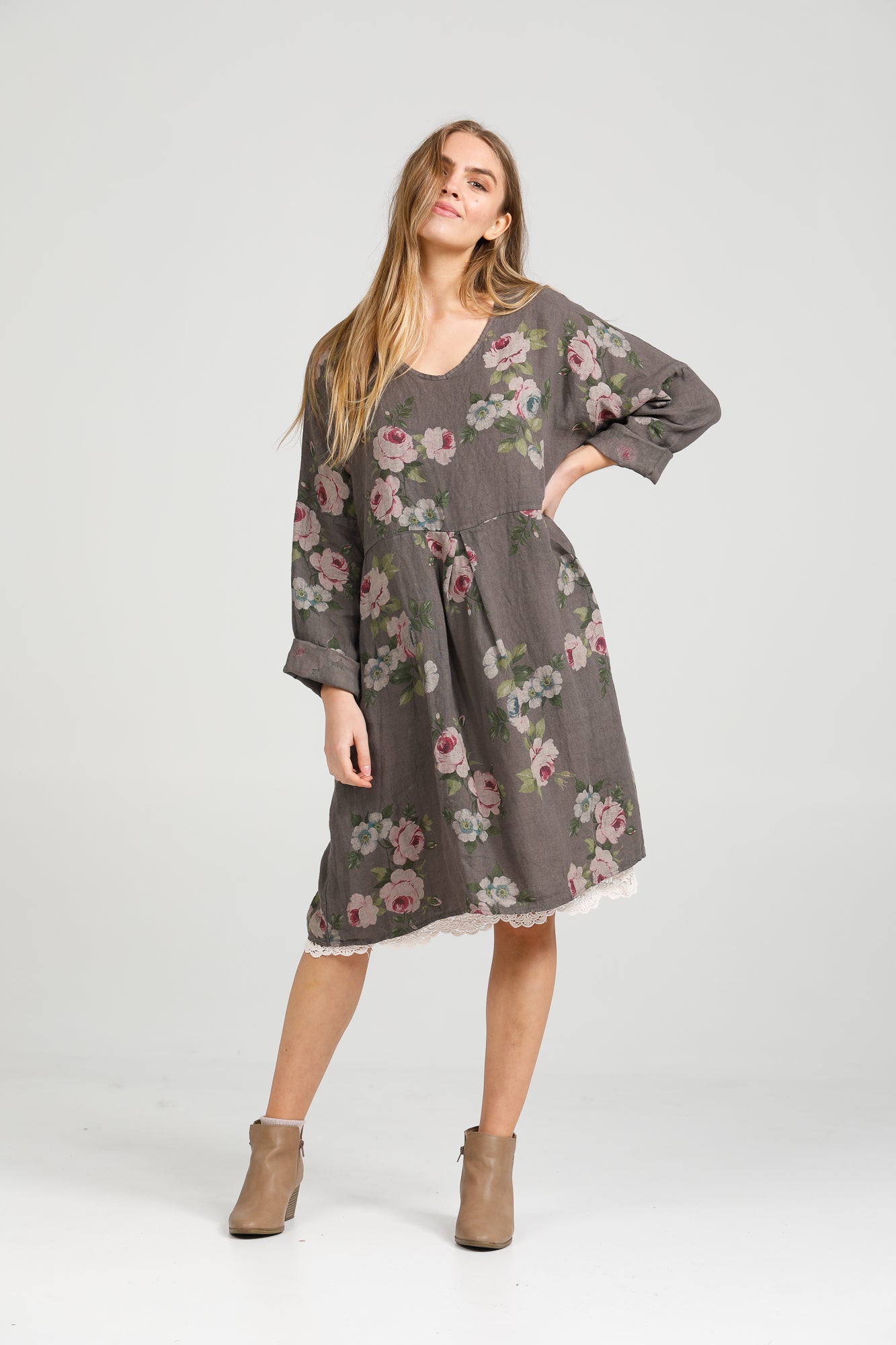 Amelia floral linen dress. charcoal