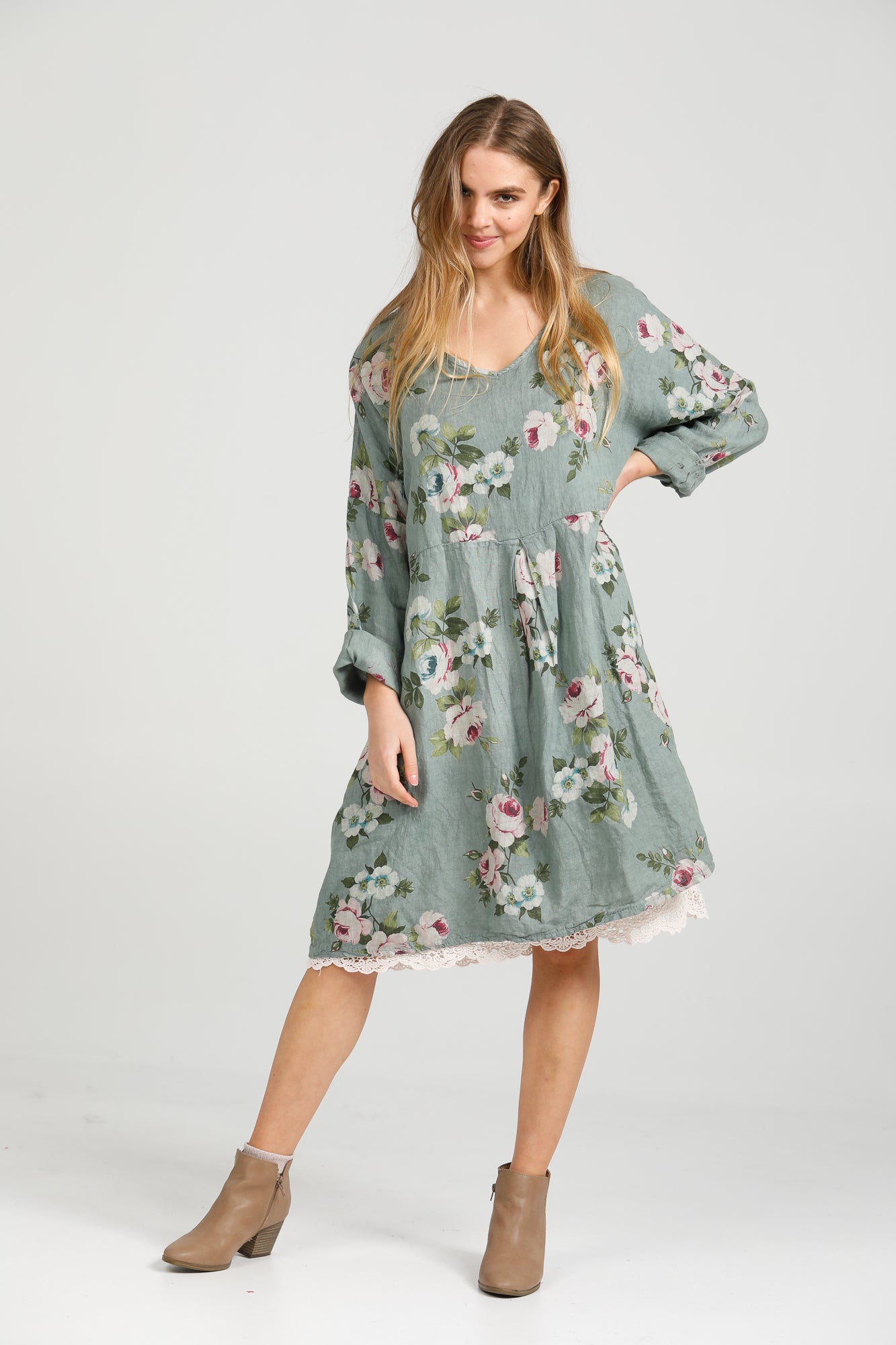 Amelia floral linen dress. Sage Green