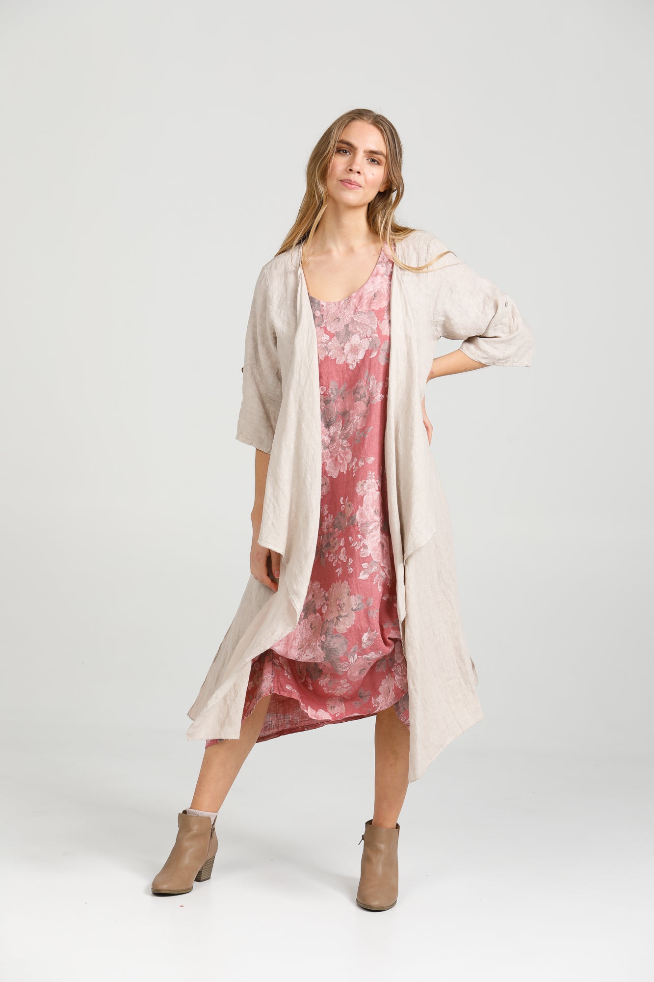 Primavera linen floral dress. Rose Pink Floral.