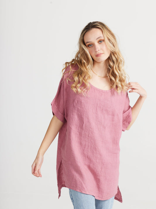 Contessa Linen Top. Rose Pink