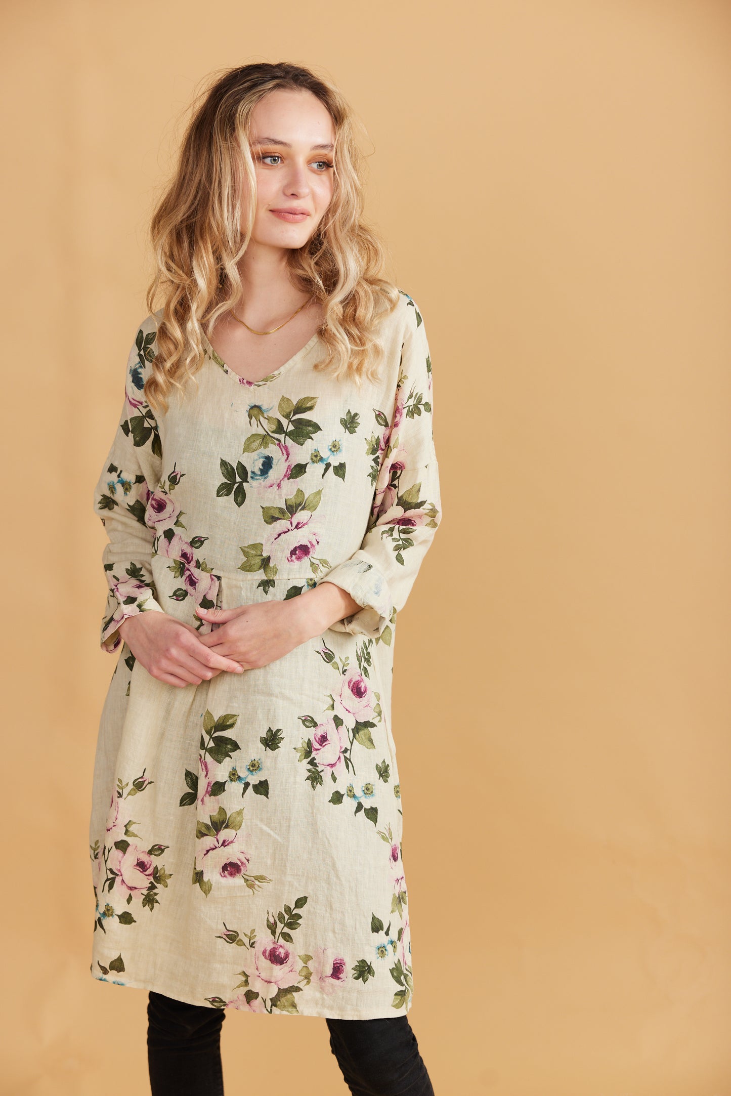 Amelia Floral Linen dress. Antique Cream