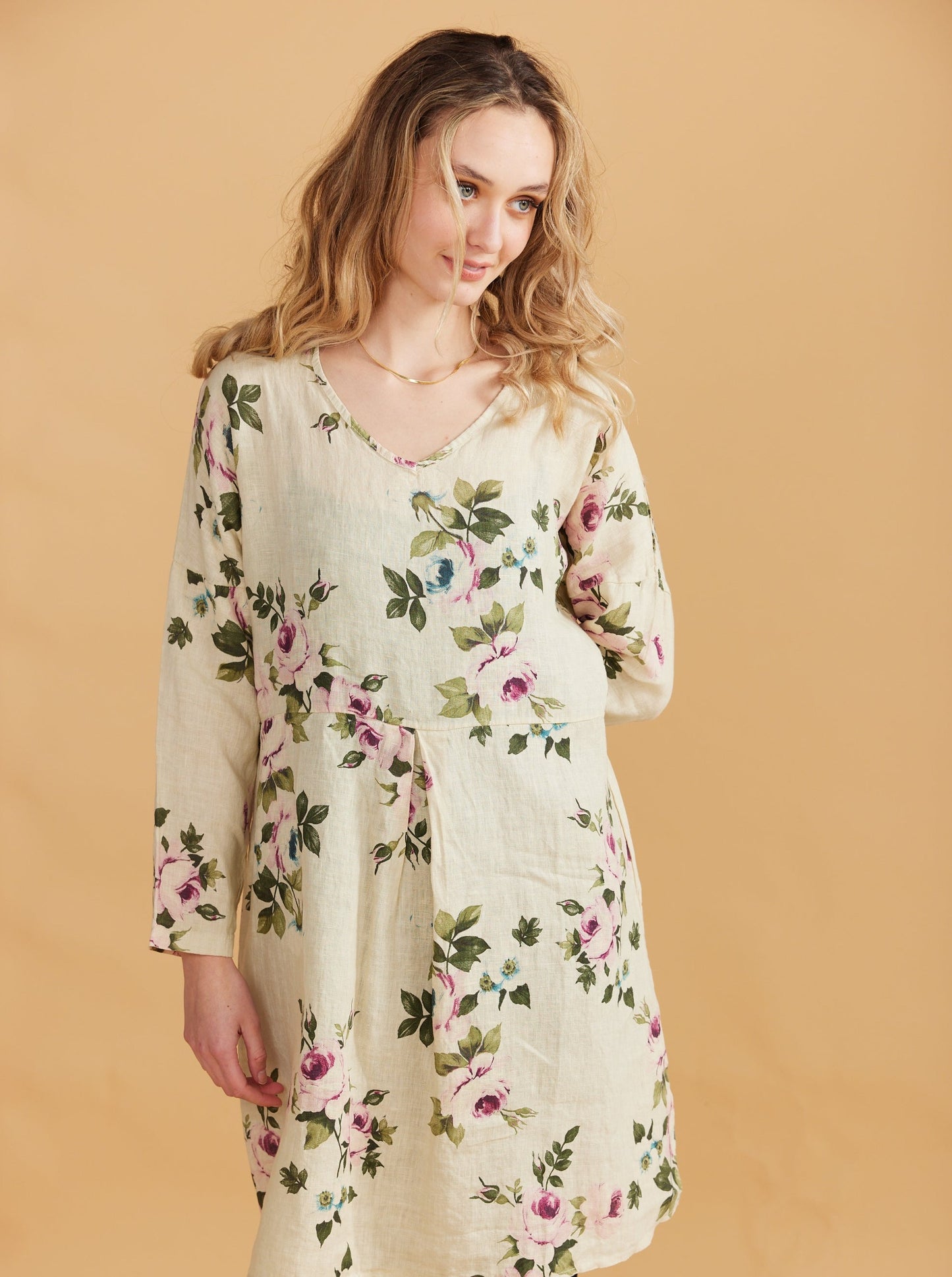 Amelia Floral Linen dress. Antique Cream