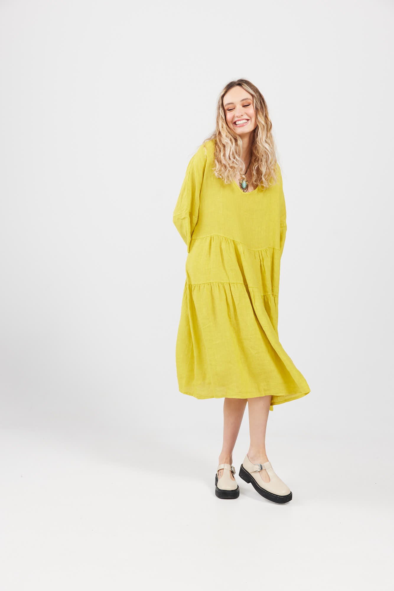 Stella Linen Dress. Chartreuse