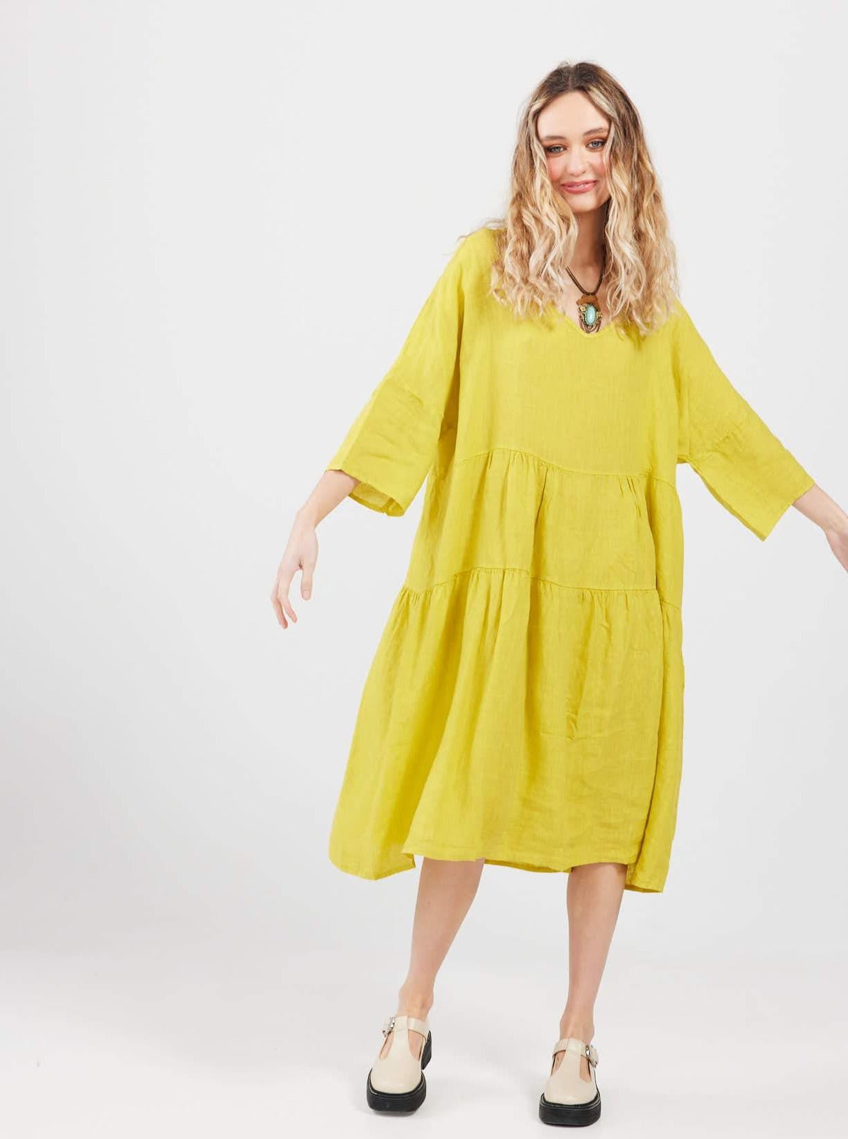 Stella Linen Dress. Chartreuse