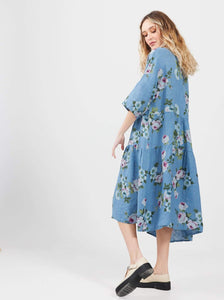 Stella Floral Linen Dress . Denim Blue Rose