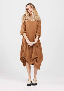 Primavera linen dress. Tobacco. Long-sleeved